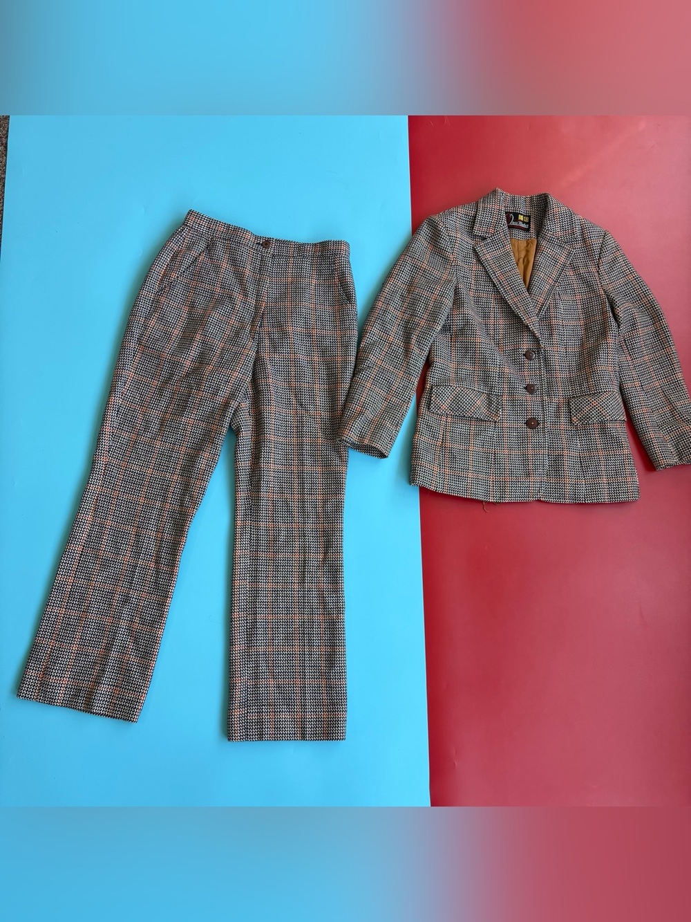 Vintage Houndstooth Plaid Blazer Pants Suit Set Brown Navy Orange Career